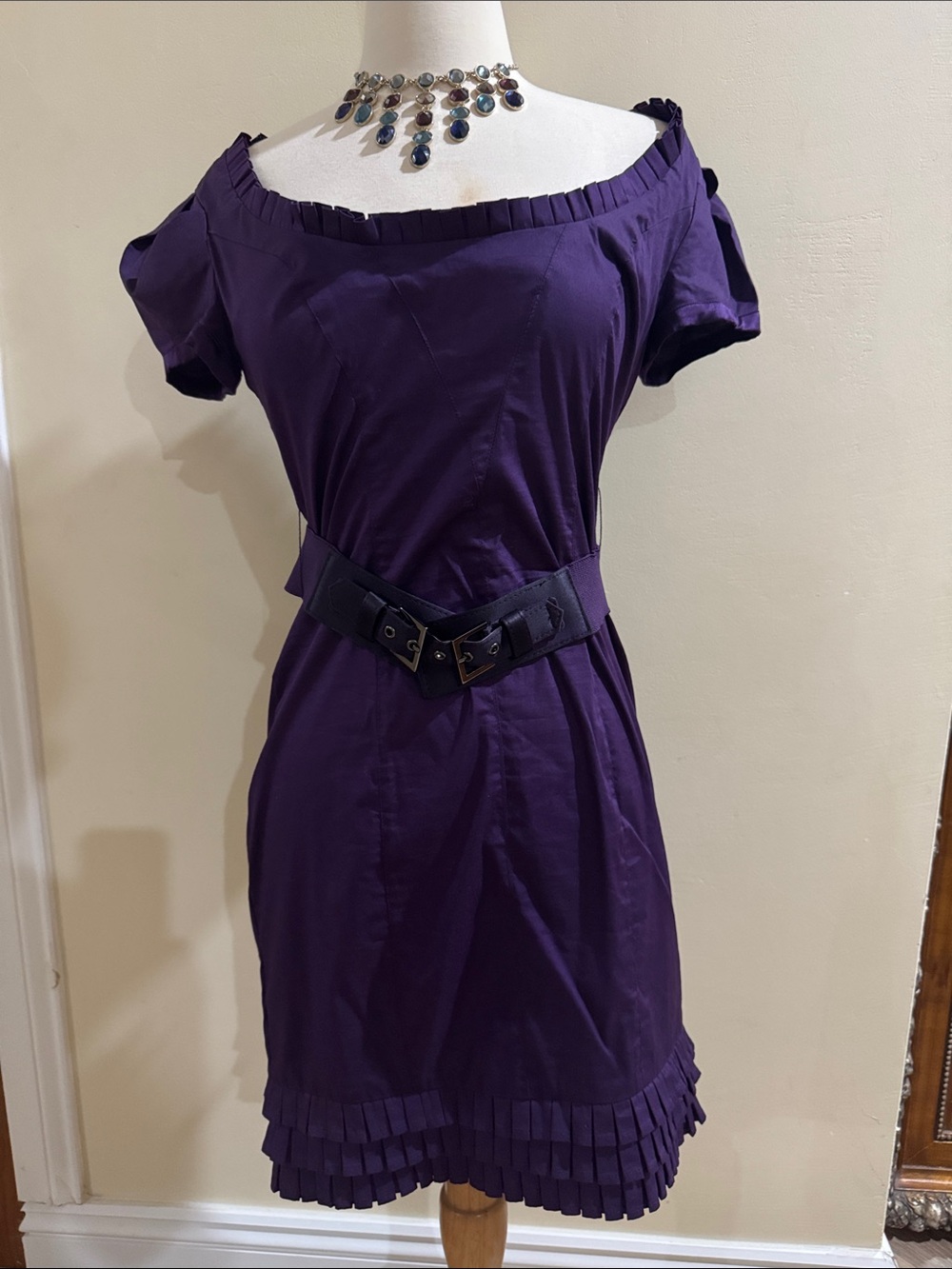 bebe Off-Shoulder Purple Mini Dress with Belt